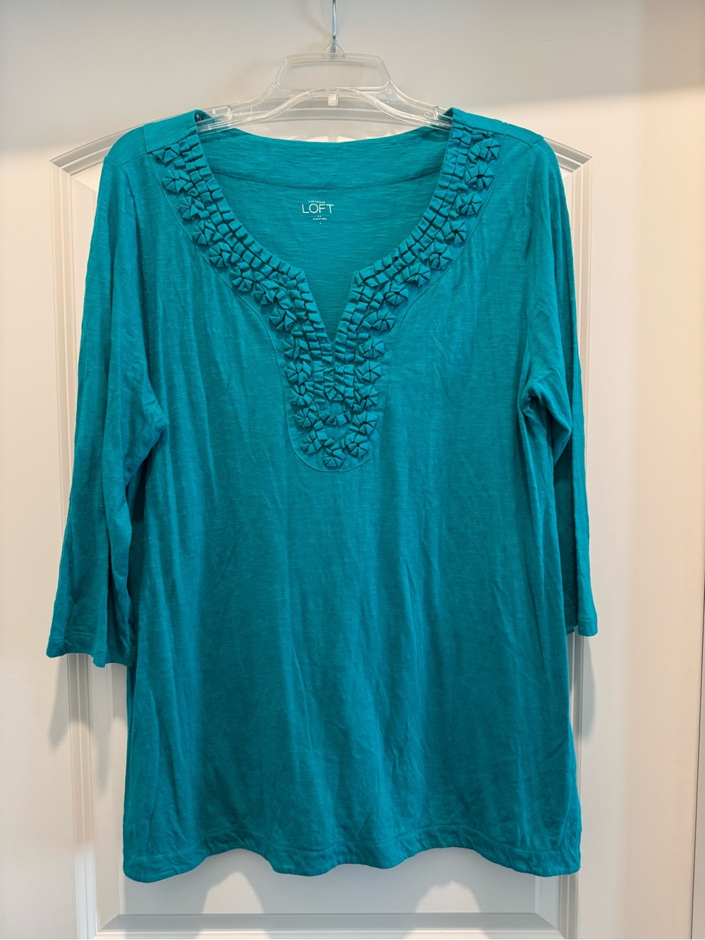 LOFT Teal Ruffle-Trim Long Sleeve Women's Top
